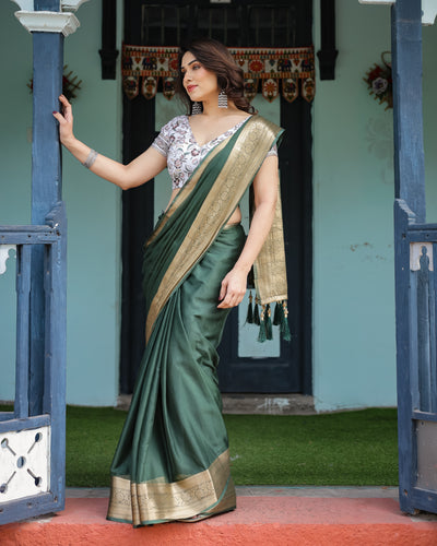 Elegant Bottle Green Plain Chiffon Saree with Gold Zari Border, Floral Printed Blouse & Tassel Finishing