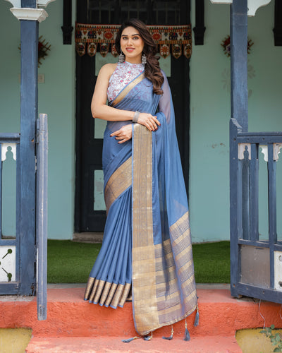 Serene Steel Blue Plain Chiffon Saree with Gold Zari Border, Floral Printed Blouse & Tassel Detailing