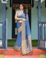 Serene Steel Blue Plain Chiffon Saree with Gold Zari Border, Floral Printed Blouse & Tassel Detailing