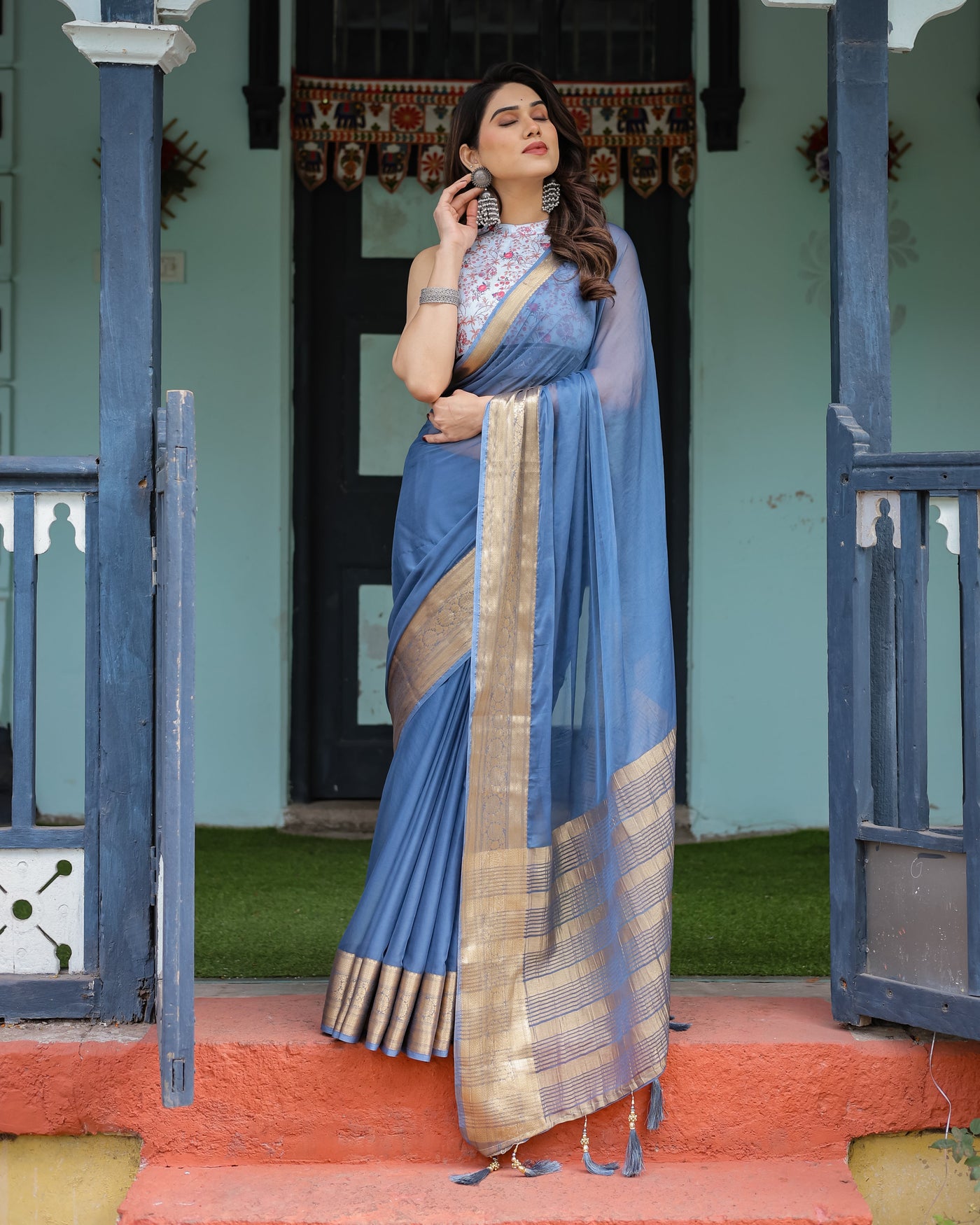 Serene Steel Blue Plain Chiffon Saree with Gold Zari Border, Floral Printed Blouse & Tassel Detailing