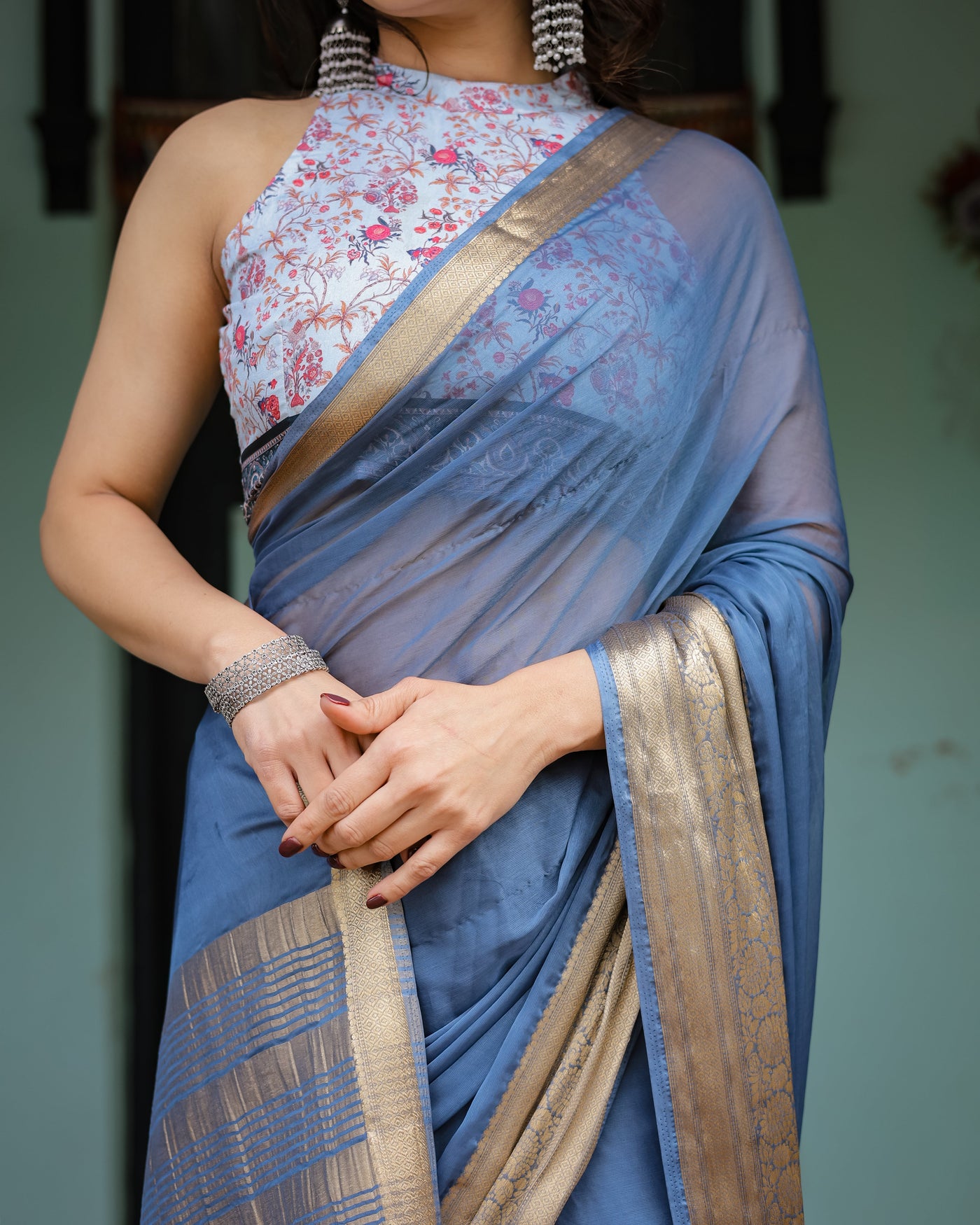 Serene Steel Blue Plain Chiffon Saree with Gold Zari Border, Floral Printed Blouse & Tassel Detailing