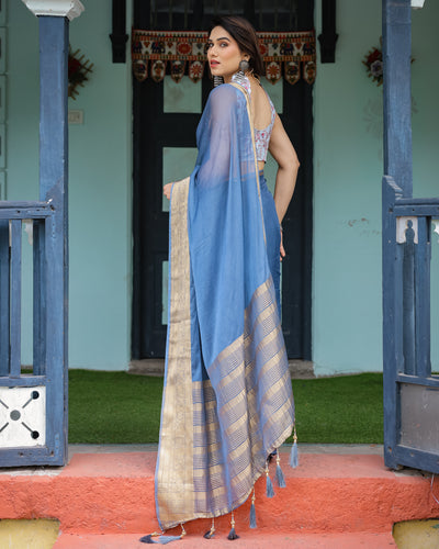 Serene Steel Blue Plain Chiffon Saree with Gold Zari Border, Floral Printed Blouse & Tassel Detailing