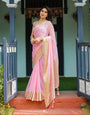 Blush Pink Plain Chiffon Saree with Gold Zari Border, Floral Printed Blouse & Tassel Finishing