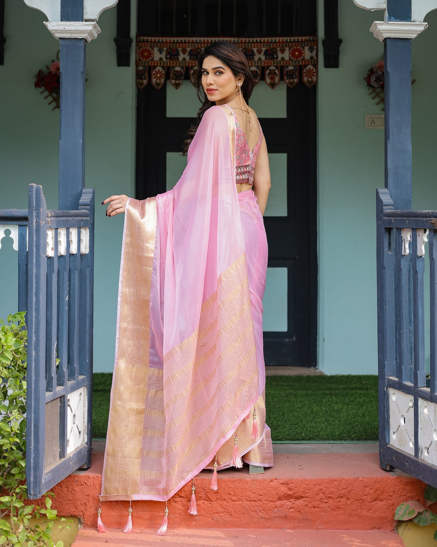 Blush Pink Plain Chiffon Saree with Gold Zari Border, Floral Printed Blouse & Tassel Finishing