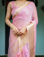 Blush Pink Plain Chiffon Saree with Gold Zari Border, Floral Printed Blouse & Tassel Finishing