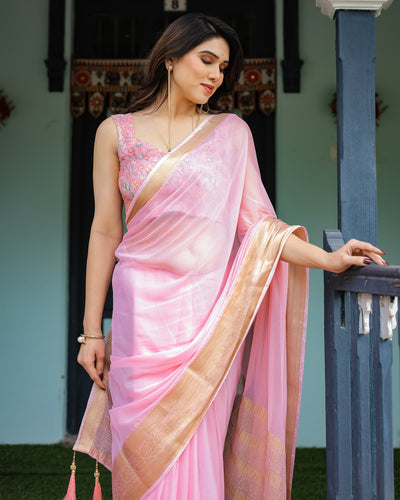 Blush Pink Plain Chiffon Saree with Gold Zari Border, Floral Printed Blouse & Tassel Finishing