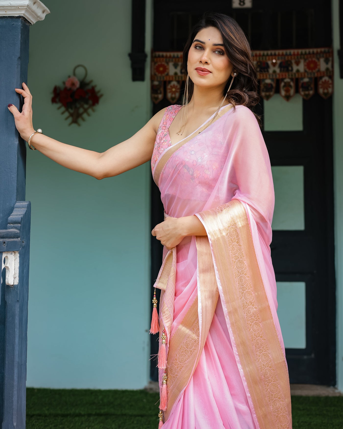 Blush Pink Plain Chiffon Saree with Gold Zari Border, Floral Printed Blouse & Tassel Finishing