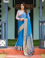 Vibrant Sky Blue Plain Chiffon Saree with Gold Zari Border, Floral Printed Blouse & Tassel Accents