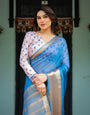 Vibrant Sky Blue Plain Chiffon Saree with Gold Zari Border, Floral Printed Blouse & Tassel Accents