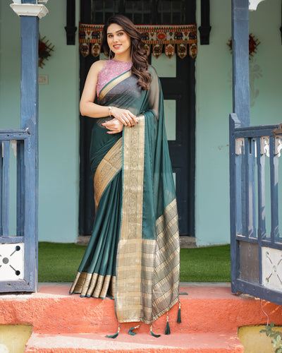 Enchanting Forest Green Plain Chiffon Saree with Gold Zari Border, Floral Printed Blouse & Tassel Details