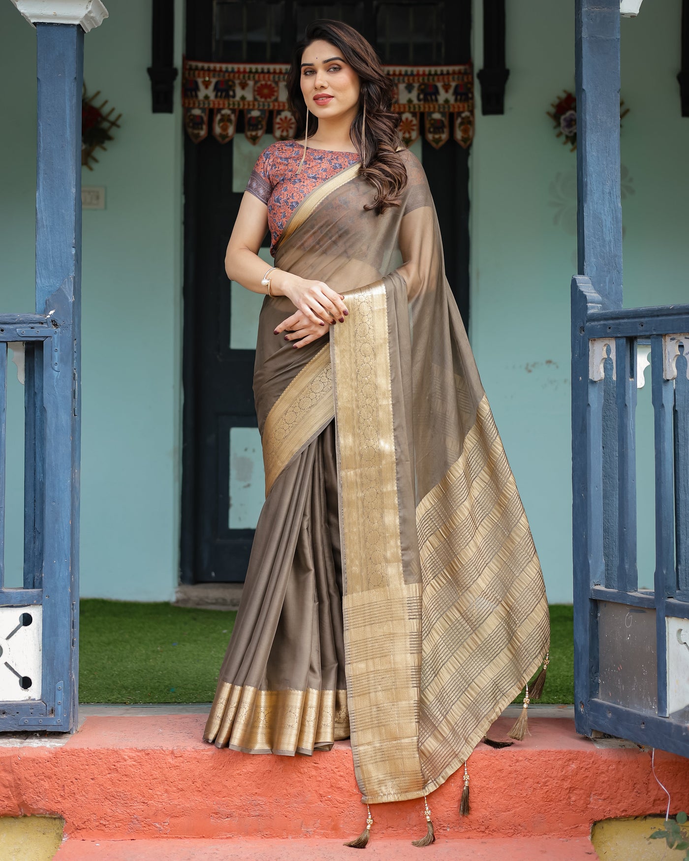 Elegant Olive Brown Plain Chiffon Saree with Gold Zari Border, Paisley Printed Blouse & Tassel Detailing