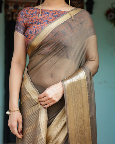 Elegant Olive Brown Plain Chiffon Saree with Gold Zari Border, Paisley Printed Blouse & Tassel Detailing