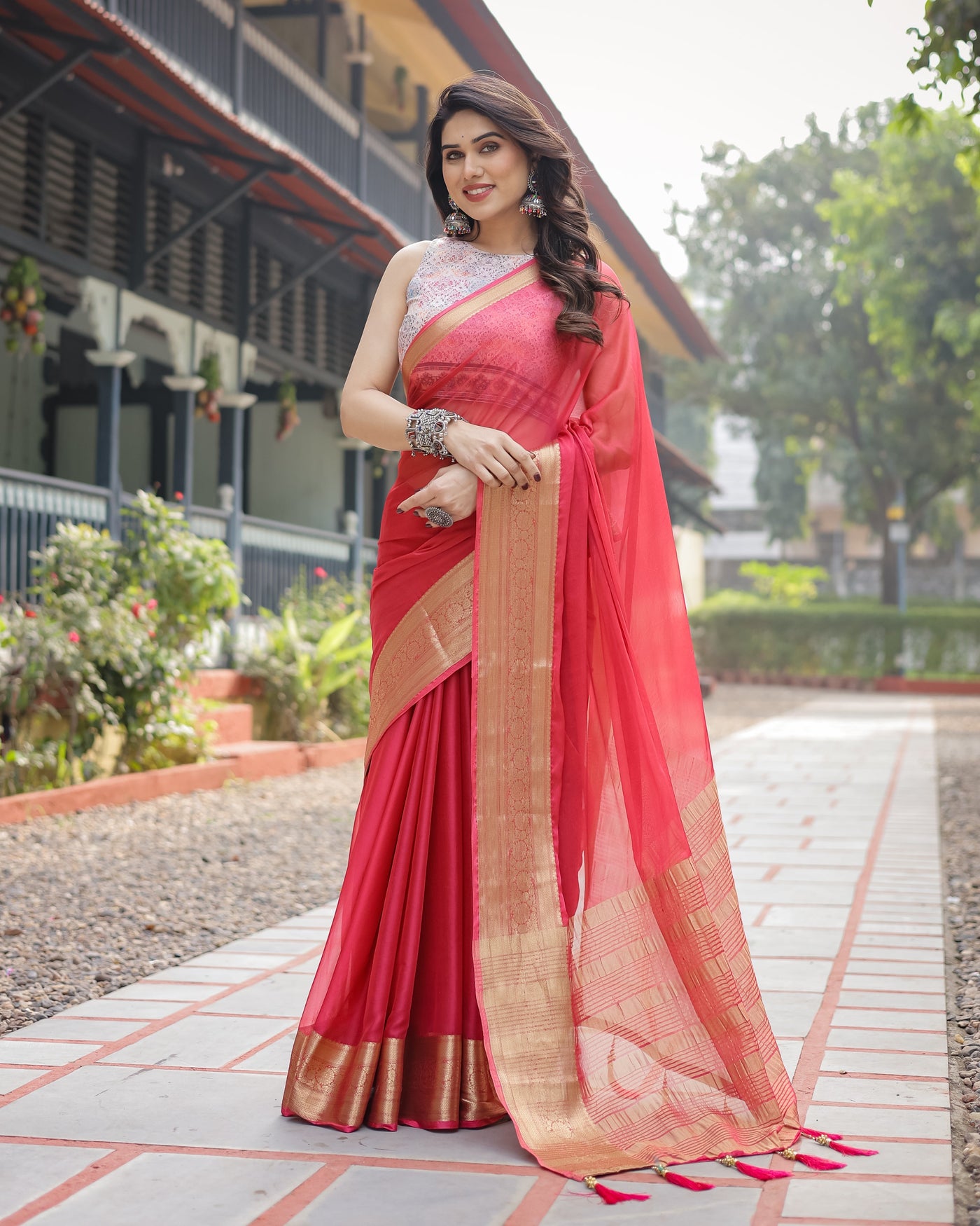 Radiant Rose Red Plain Chiffon Saree with Gold Zari Border, Intricate Printed Blouse & Tassel Accents