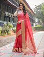 Radiant Rose Red Plain Chiffon Saree with Gold Zari Border, Intricate Printed Blouse & Tassel Accents