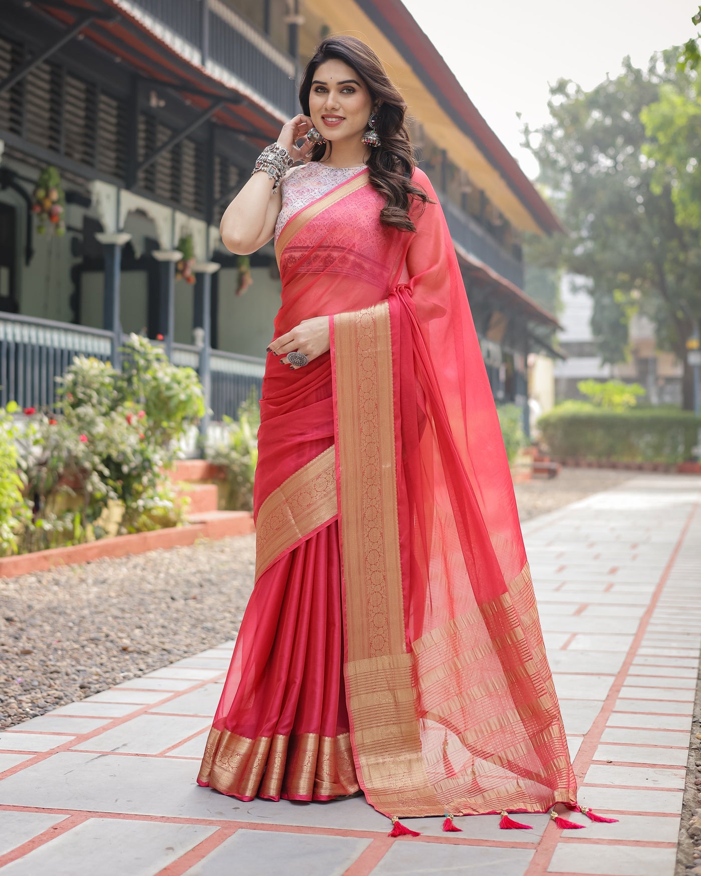 Radiant Rose Red Plain Chiffon Saree with Gold Zari Border, Intricate Printed Blouse & Tassel Accents