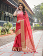 Radiant Rose Red Plain Chiffon Saree with Gold Zari Border, Intricate Printed Blouse & Tassel Accents