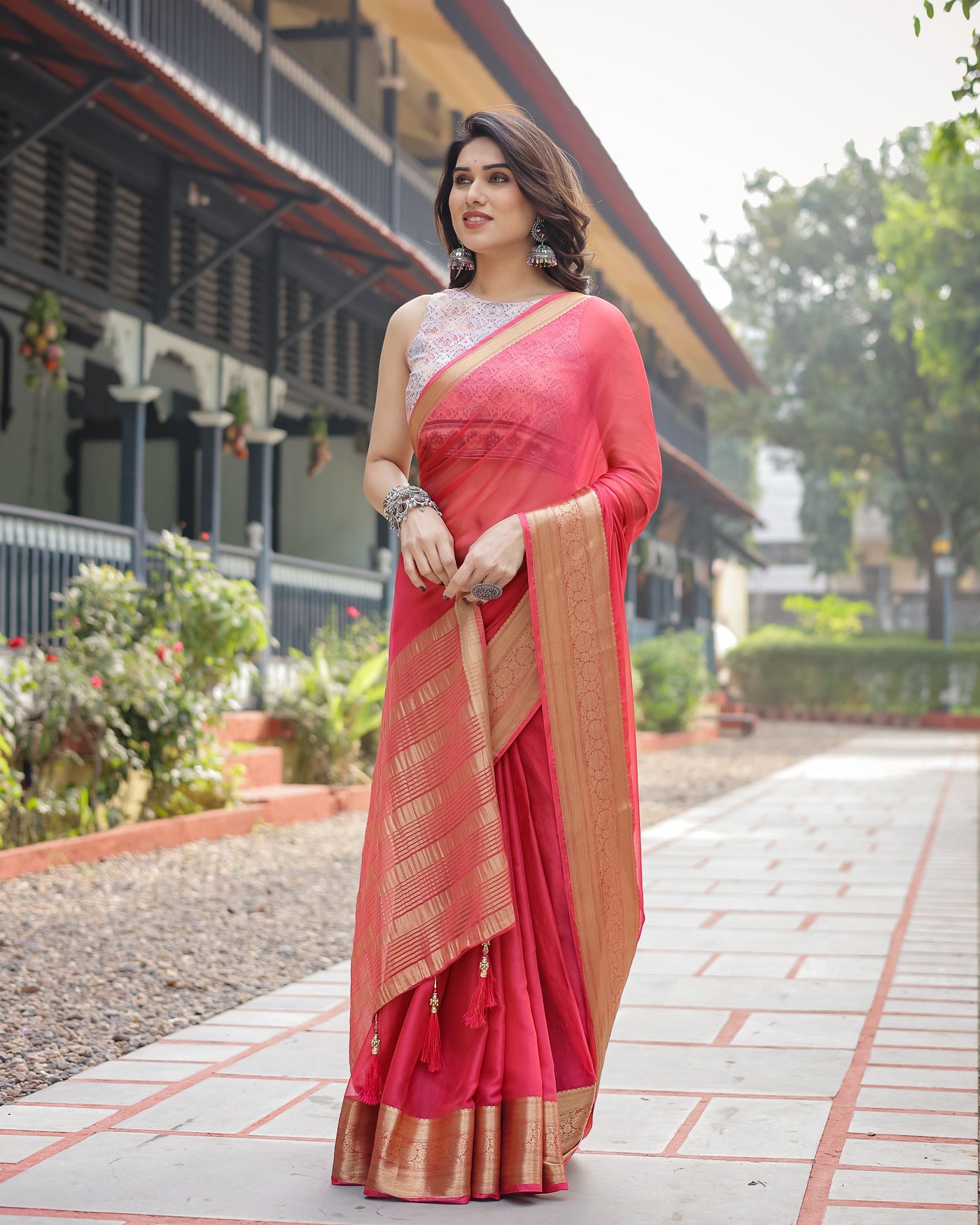 Radiant Rose Red Plain Chiffon Saree with Gold Zari Border, Intricate Printed Blouse & Tassel Accents