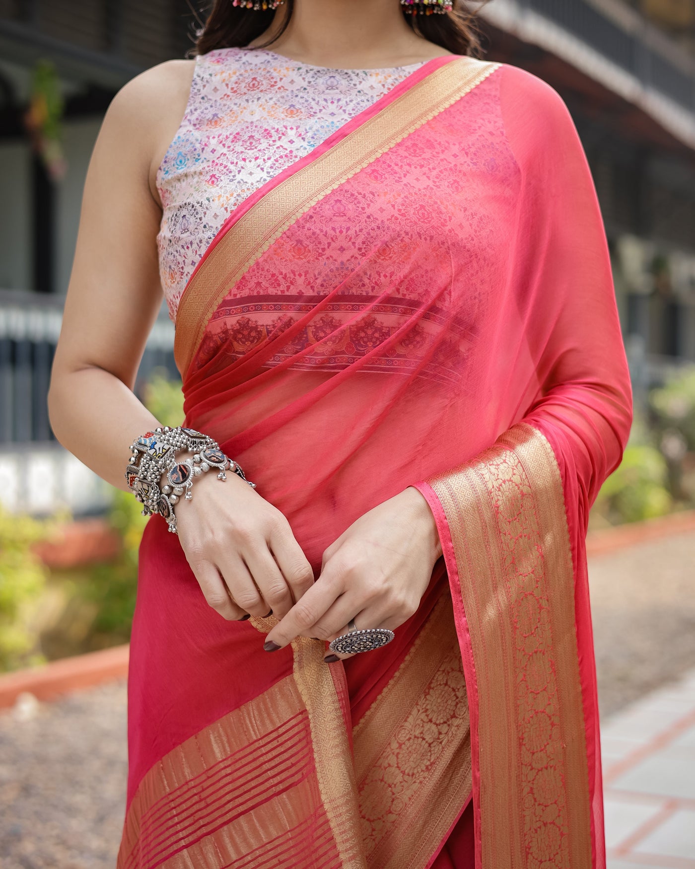 Radiant Rose Red Plain Chiffon Saree with Gold Zari Border, Intricate Printed Blouse & Tassel Accents