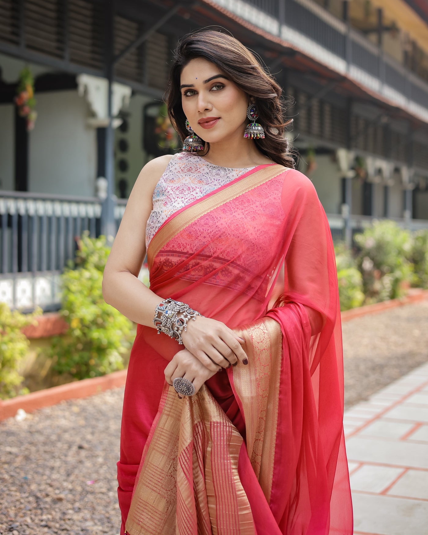 Radiant Rose Red Plain Chiffon Saree with Gold Zari Border, Intricate Printed Blouse & Tassel Accents