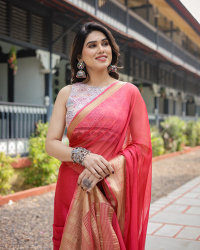 Radiant Rose Red Plain Chiffon Saree with Gold Zari Border, Intricate Printed Blouse & Tassel Accents