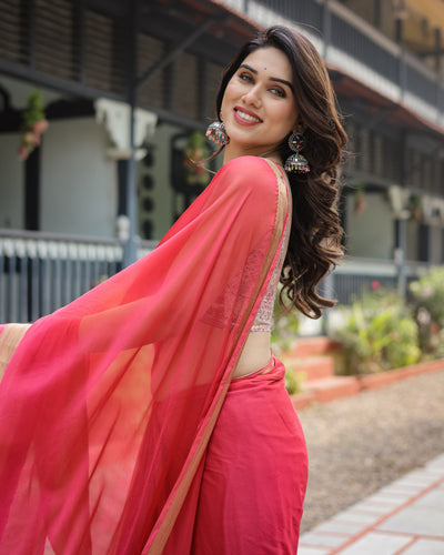 Radiant Rose Red Plain Chiffon Saree with Gold Zari Border, Intricate Printed Blouse & Tassel Accents