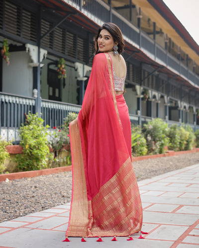 Radiant Rose Red Plain Chiffon Saree with Gold Zari Border, Intricate Printed Blouse & Tassel Accents