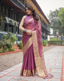 Sophisticated Mauve Plain Chiffon Saree with Gold Zari Border, Matching Printed Blouse & Tassel Detailing