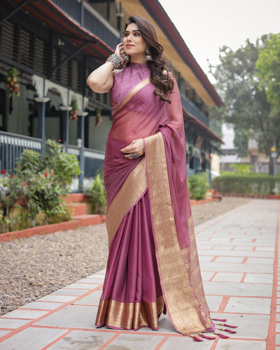 Sophisticated Mauve Plain Chiffon Saree with Gold Zari Border, Matching Printed Blouse & Tassel Detailing