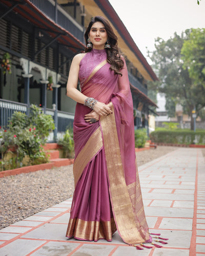 Sophisticated Mauve Plain Chiffon Saree with Gold Zari Border, Matching Printed Blouse & Tassel Detailing