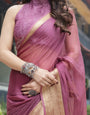 Sophisticated Mauve Plain Chiffon Saree with Gold Zari Border, Matching Printed Blouse & Tassel Detailing