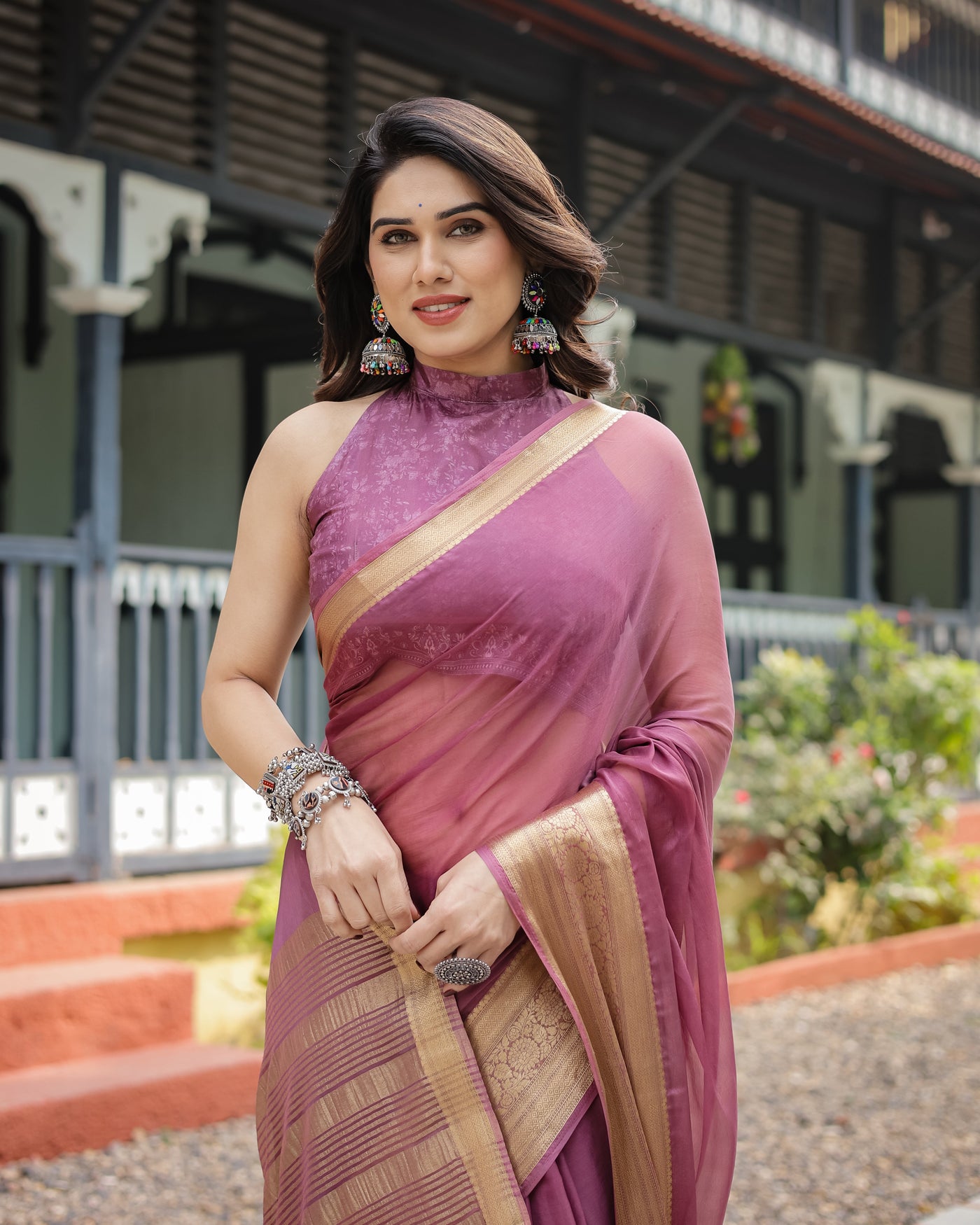 Sophisticated Mauve Plain Chiffon Saree with Gold Zari Border, Matching Printed Blouse & Tassel Detailing