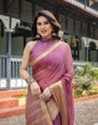 Sophisticated Mauve Plain Chiffon Saree with Gold Zari Border, Matching Printed Blouse & Tassel Detailing