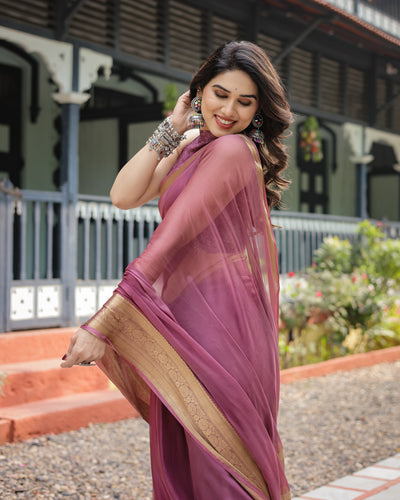 Sophisticated Mauve Plain Chiffon Saree with Gold Zari Border, Matching Printed Blouse & Tassel Detailing