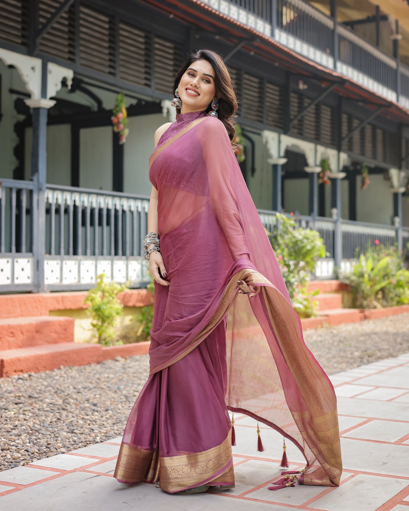 Sophisticated Mauve Plain Chiffon Saree with Gold Zari Border, Matching Printed Blouse & Tassel Detailing