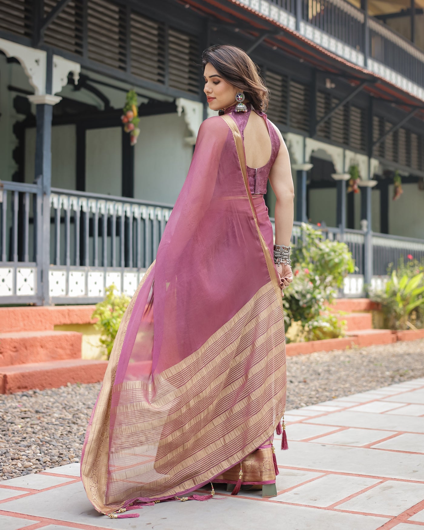 Sophisticated Mauve Plain Chiffon Saree with Gold Zari Border, Matching Printed Blouse & Tassel Detailing