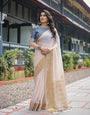 Ivory White Plain Chiffon Saree with Gold Zari Border, Floral Printed Blouse & Tassel Detailing