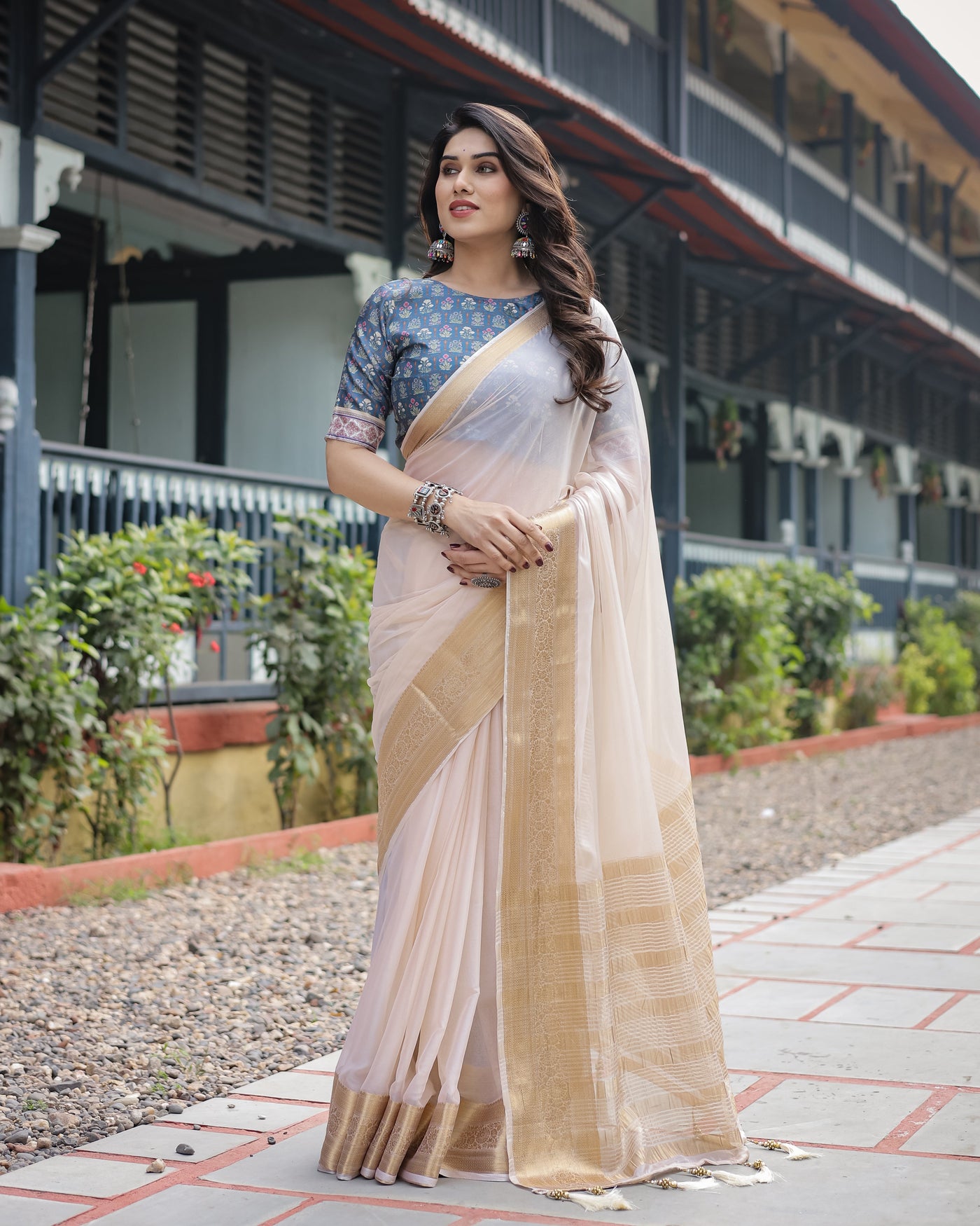 Ivory White Plain Chiffon Saree with Gold Zari Border, Floral Printed Blouse & Tassel Detailing