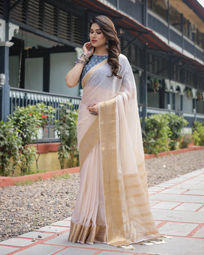 Ivory White Plain Chiffon Saree with Gold Zari Border, Floral Printed Blouse & Tassel Detailing