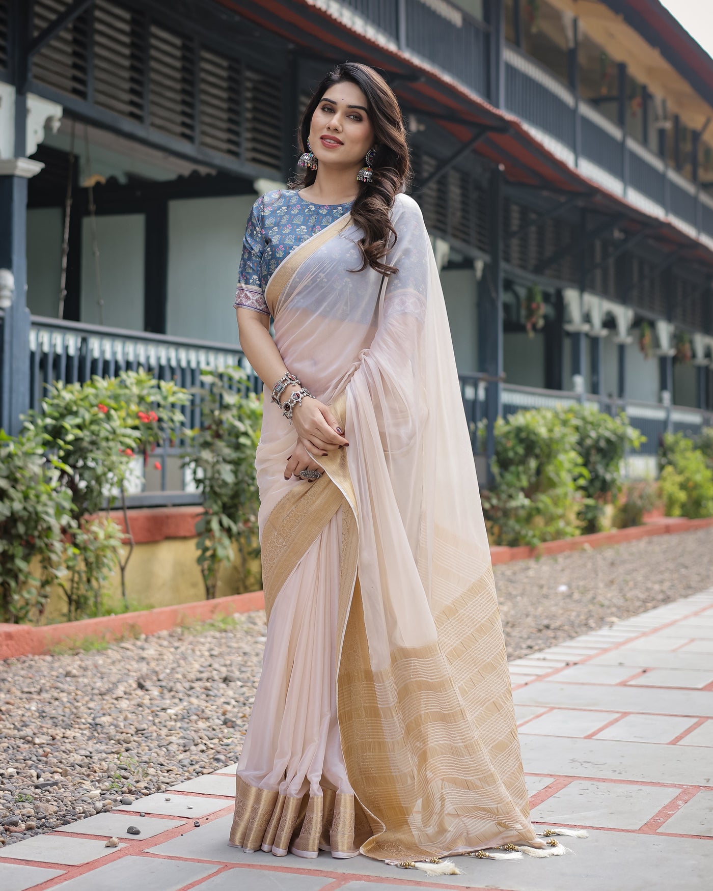 Ivory White Plain Chiffon Saree with Gold Zari Border, Floral Printed Blouse & Tassel Detailing