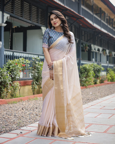 Ivory White Plain Chiffon Saree with Gold Zari Border, Floral Printed Blouse & Tassel Detailing