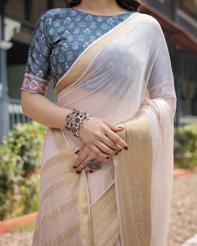 Ivory White Plain Chiffon Saree with Gold Zari Border, Floral Printed Blouse & Tassel Detailing