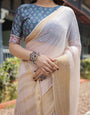 Ivory White Plain Chiffon Saree with Gold Zari Border, Floral Printed Blouse & Tassel Detailing