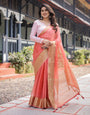 Peach Pink Plain Chiffon Saree with Gold Zari Border, Geometric Printed Blouse & Tassel Detailing