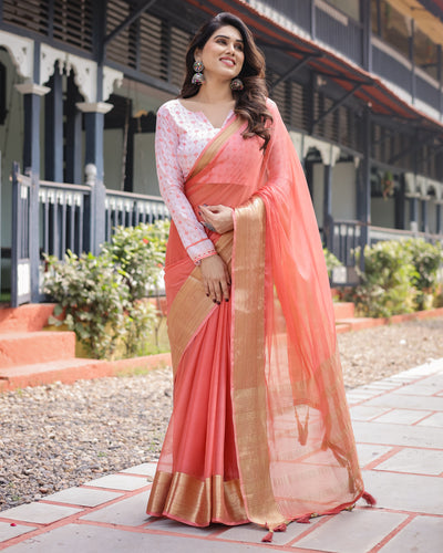 Peach Pink Plain Chiffon Saree with Gold Zari Border, Geometric Printed Blouse & Tassel Detailing