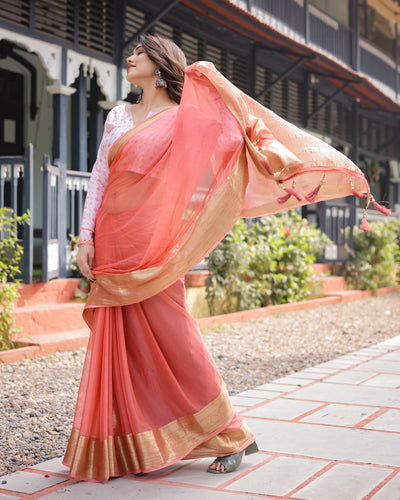 Peach Pink Plain Chiffon Saree with Gold Zari Border, Geometric Printed Blouse & Tassel Detailing