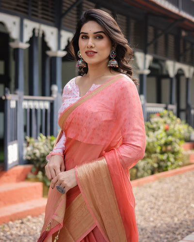 Peach Pink Plain Chiffon Saree with Gold Zari Border, Geometric Printed Blouse & Tassel Detailing