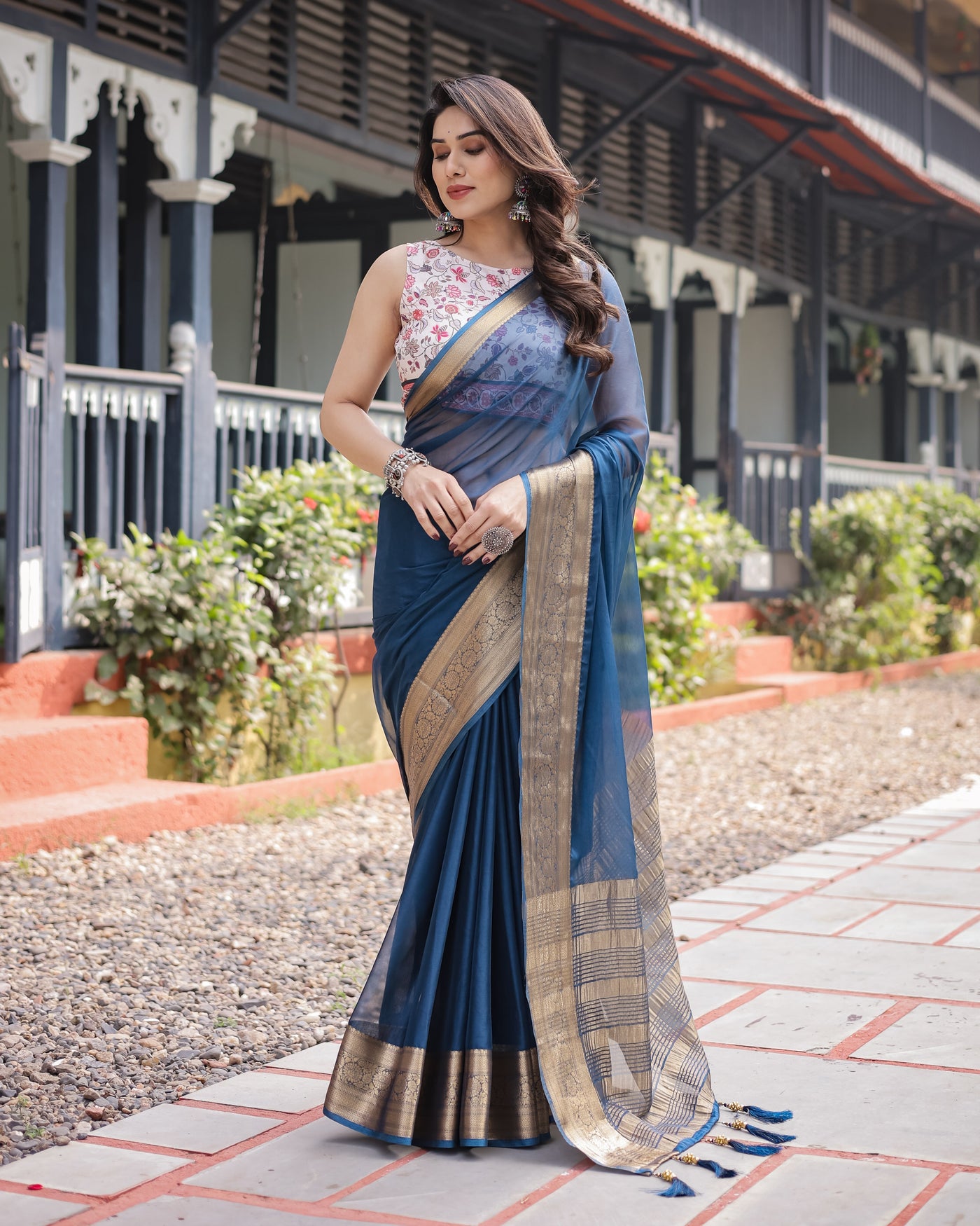 Deep Navy Blue Plain Chiffon Saree with Gold Zari Border, Floral Printed Blouse & Tassel Accents