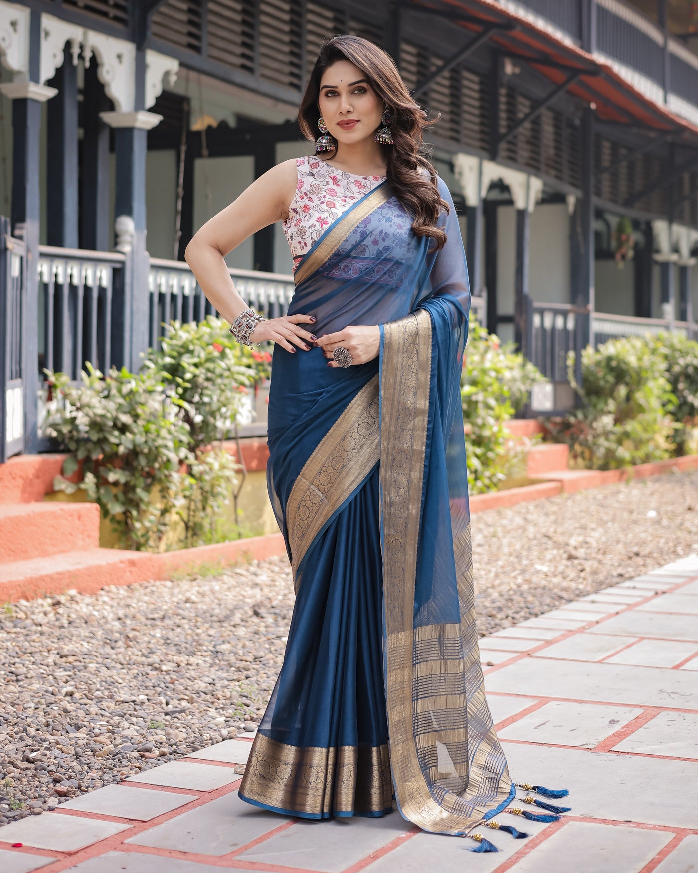 Deep Navy Blue Plain Chiffon Saree with Gold Zari Border, Floral Printed Blouse & Tassel Accents