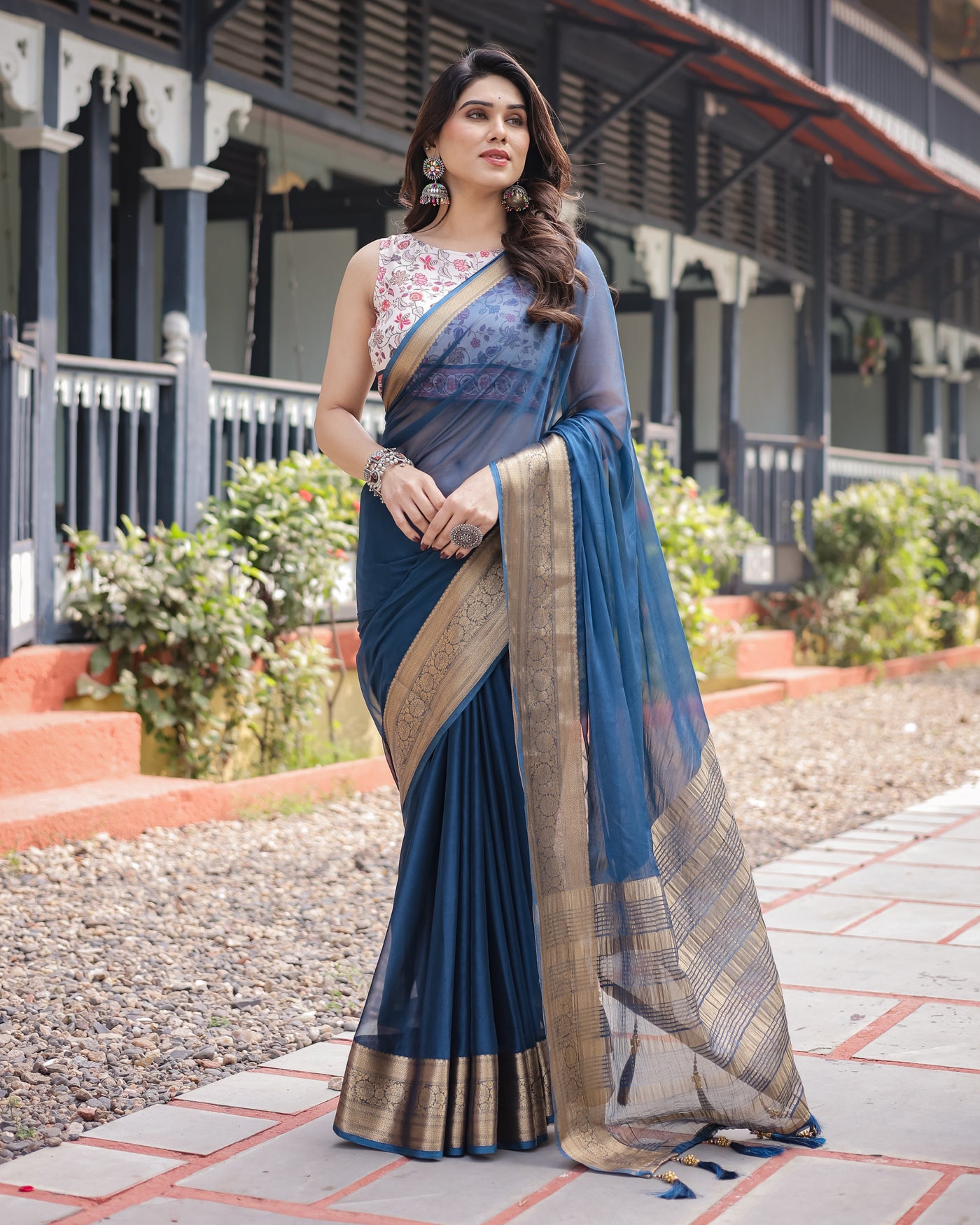 Deep Navy Blue Plain Chiffon Saree with Gold Zari Border, Floral Printed Blouse & Tassel Accents