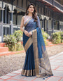 Deep Navy Blue Plain Chiffon Saree with Gold Zari Border, Floral Printed Blouse & Tassel Accents